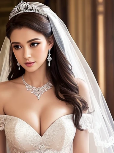 Beautiful lady, earrings, strapless wedding dress, cleavages, necklace, bracelets, tiara, veil, off-shoulder, lipsticks, smokey eyes, blush