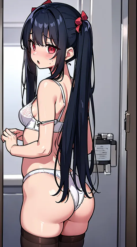 (8K、Top image quality、top-quality、​masterpiece)、1 loli、Black hair twintails、red eyes、red blush、Open mouth、Smaller chest、white bra、panties under pantyhose、change clothes、Rear view、from behind、Locker Room Background