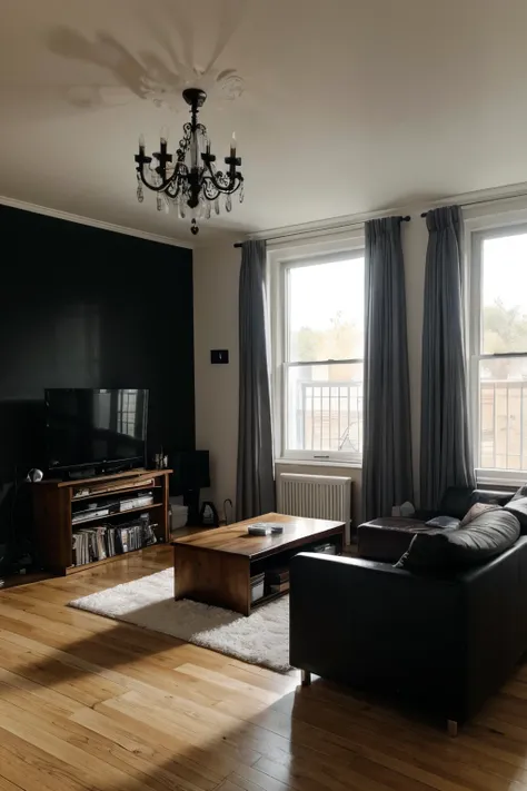 create a room 5 m2 by 3 m2 on the left wall there is a black bookcase on the next wall there is a large TV on the floor a small chest of drawers for equipment on the right wall there is a window on the window tulle and black curtains on the ceiling a black...