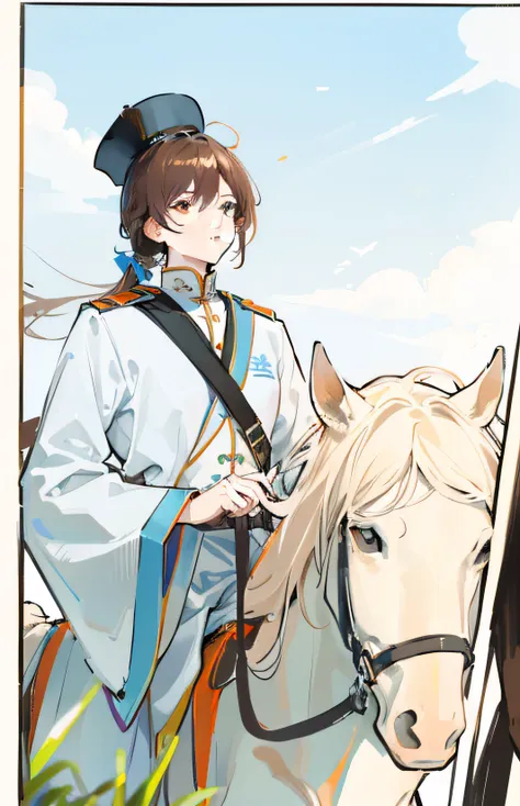 tmasterpiece, Anatomically correct, ctextured skin, Award-Awarded, Best quality at best，Brown hair，Orange eyes，head looking up，Riding a white horse，The reins are in his hands，light blue clothes，black square hat，Blue schoolbag strap，black undersuit，handsome...