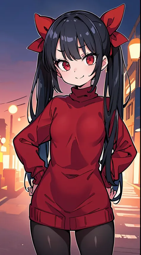 (8K、Top image quality、top-quality、​masterpiece)、1 loli、Black hair twintails、red eyes、evilsmile、Smaller chest、highneck sweater、long-sleeve、pantyhose、Put your hands on your hips、is standing、City background