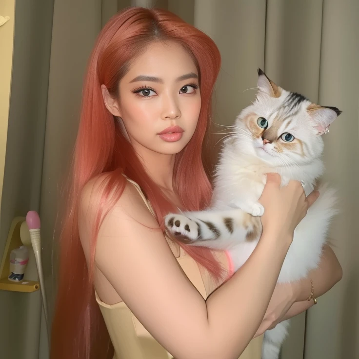 There is a woman holding a cat in her arms, muito bonita gatinha fofa, Retrato de Jossi de Blackpink, Parque Roseanne do Blackpink, jossi do blackpink, her face looks like an orchid, com cabelo rosa, Lalisa Manobal, gatinha jovem bonita, Artista coreano, N...