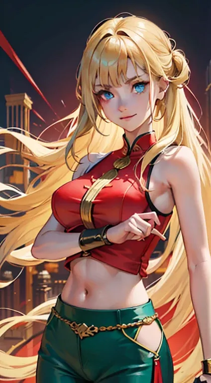 Young girls, Long blonde hair, A bunch of hairpins, Turquoise eyes, dragon tattoo, Red tight uniform, Sleeveless, wide neckline from bust to belly, gold elements, Red gold armor, shorter pants, clawed paws, pervert smirk, tmasterpiece, high high quality, 4...