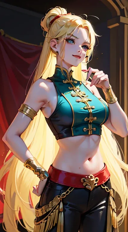 Young girls, Long blonde hair, A bunch of hairpins, Turquoise eyes, dragon tattoo, Red tight uniform, Sleeveless, wide neckline from bust to belly, gold elements, Red gold armor, shorter pants, clawed paws, pervert smirk, tmasterpiece, high high quality, 4...