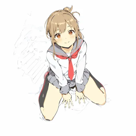 Anime girl sitting on the ground wearing a red tie and white shirt, the anime girl is crouching, Kantai Collection Style, anime pose, small loli girl, chihiro! fujisaki, with index finger, asuka suit under clothes!, [ floating ]!!, (Anime Girl), Pose(Arms ...