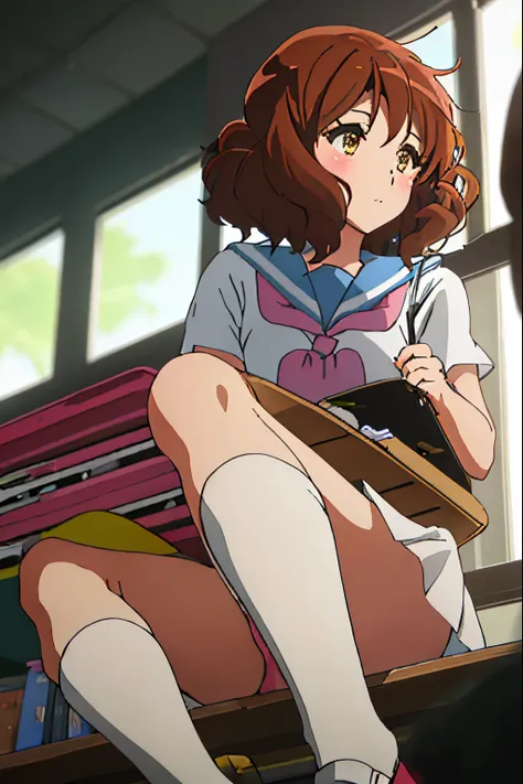 Best Quality, masutepiece, hight resolution, Solo, {Oumae_Kumiko_Sound Euphonium:1.15}, brown_hair, Short_hair, brown_Eyes, blush, serafuku, white lace panties,upskirt,sitting,Bangs, Closed_Mouth, 1girl in, Blurry_Background, close-up, up looking_で_viewer,...