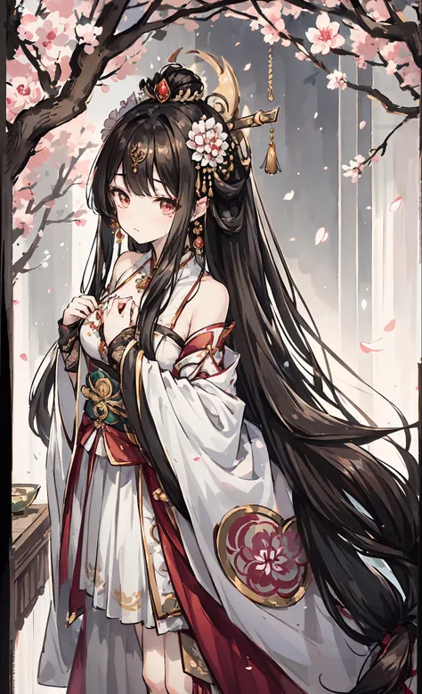 (tmasterpiece:1.2),Atdan, 1 plump girl, Alone, Branch, blossom flower, jewely, a skirt, ear nipple ring, that tree, through bangs, Long gray hair, hair adornments, view the viewer, Chinese clothes, black hair color hair, hairflower, Brown hair, exposed bar...