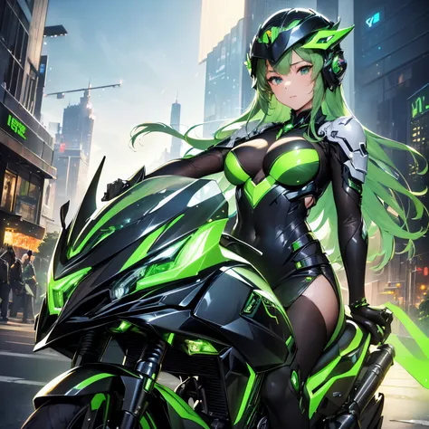 (best quality, ultra-detailed, high-resolution, (realistic:1.4), exquisite illustration, detailed favor, highly detailed 1girl, delicate and beautiful face, dressed in black and green mecha, wearing a mecha helmet, holding a directional controller, riding ...