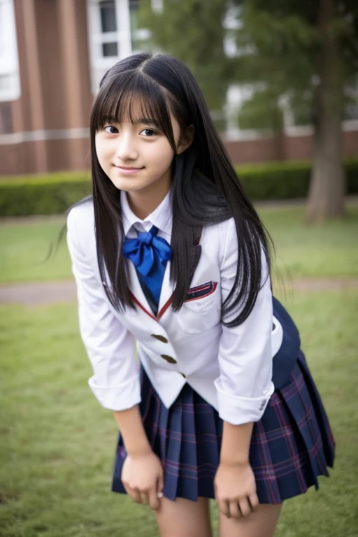 A shy 16-year-old high school girl with long black hair wearing a school uniform.