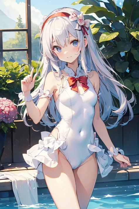 ((2D beautiful girl、top-quality、Perfect Finger 1.3、Perfect Anatomy 1.3、extremely delicate and beautiful illustration))、(Blur the background：1.2、cute petit girl、(transform sequence)、((white magical girl style swimsuit))、14years、Slender beautiful girl、Fracta...