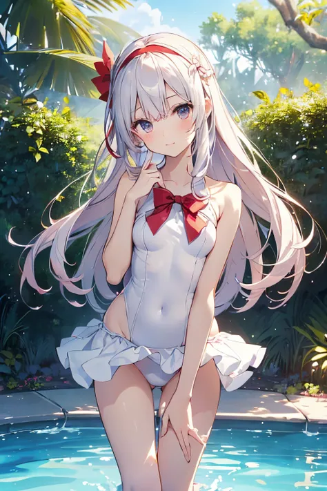 ((2D beautiful girl、top-quality、Perfect Finger 1.3、Perfect Anatomy 1.3、extremely delicate and beautiful illustration))、(Blur the background：1.2、cute petit girl、(transform sequence)、((white magical girl style swimsuit))、14years、Slender beautiful girl、Fracta...