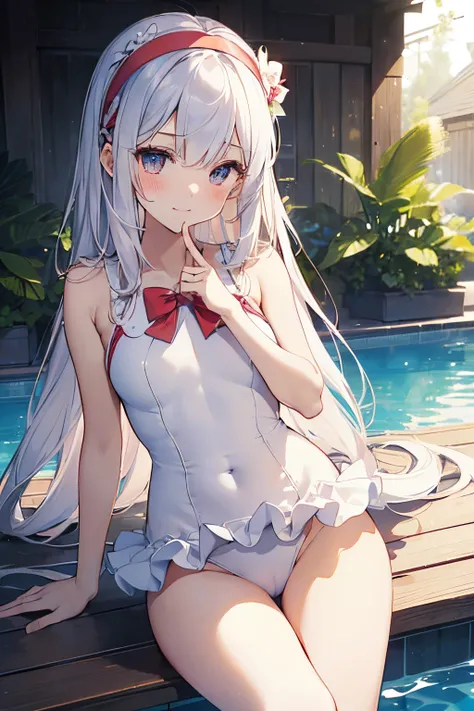 ((2D beautiful girl、top-quality、Perfect Finger 1.3、Perfect Anatomy 1.3、extremely delicate and beautiful illustration))、(Blur the background：1.2、cute petit girl、(transform sequence)、((white magical girl style swimsuit))、14years、Slender beautiful girl、Fracta...