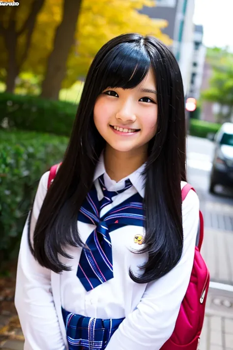 a shy 16-year-old high school girl with long black hair wearing a school uniform.