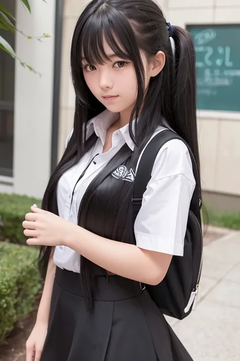 A shy 16-year-old high school girl with long black hair wearing a school uniform.