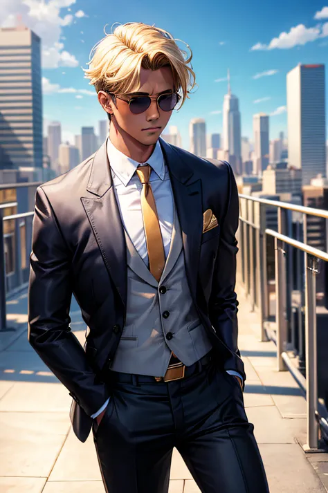 Male, Blond Gel back hair, tanned skin, aviator glasses, suit and tie with a city background