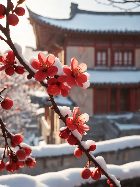 Close-up of red plum blossoms in winter morning, Blurred ancient Chinese buildings covered with snow in the background, The light from the rear window is backlit, rays of sunshine, Ultra-fine details, ultra HD picture quality, 8K