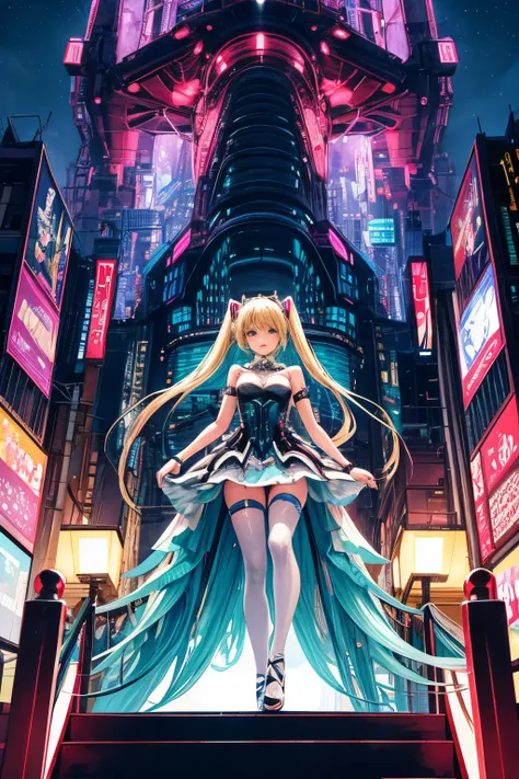 high-detail、high-level image quality、rialistic photo、Japan pretty girls、a blond、Semi-long、cyberpunked、Futuristic city at night、miku hatsune、full body seen、ballet dance、wedding dress、