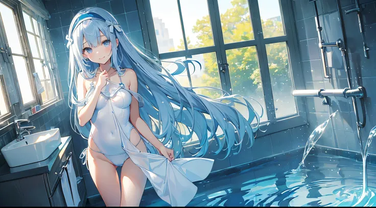 ((2D beautiful girl、top-quality、Perfect Finger 1.3、Perfect Anatomy 1.3、extremely delicate and beautiful illustration))、(Blur the background：1.2、cute petit girl、(transform sequence)、((White and blue swimsuit))、14years、a junior high school student、Slender be...