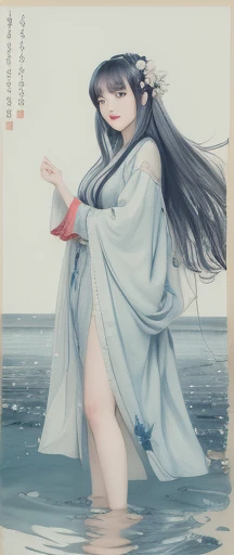 ((4k,masterpiece,best quality)), shuimobysim, traditional chinese ink painting, lotus, hanfu, maxiskit, dress conservatively 1girl, solo, long blue hair, smile, standing, feet in the water, barefoot,