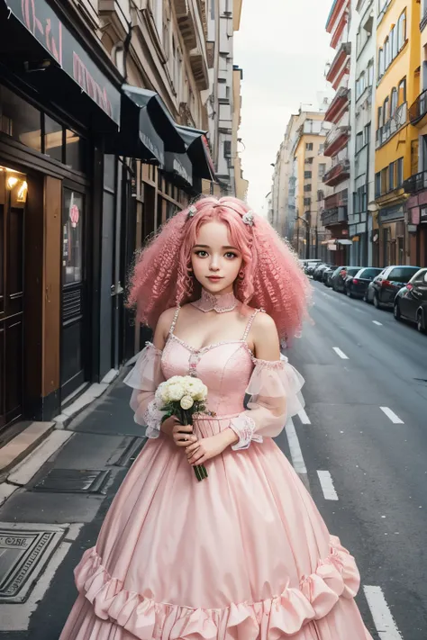 a girl with curly pink hair in a fluffy ball gown in the middle of the city of Zaporozhye