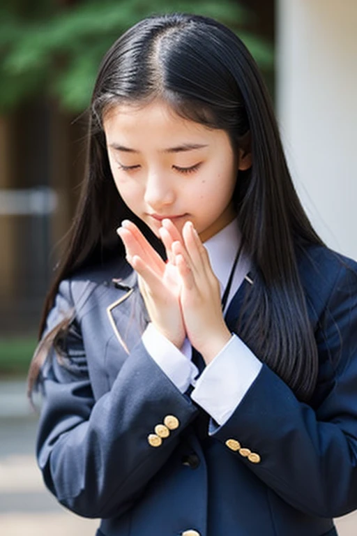 A 16-year-old high school girl with long black hair wearing a school uniform and praying with her hands folded in front of her.