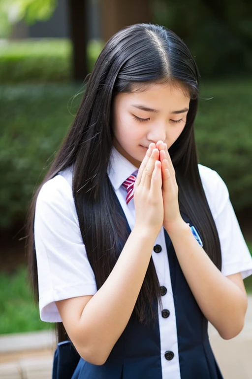 A 16-year-old high school girl with long black hair wearing a school uniform and praying with her hands folded in front of her.