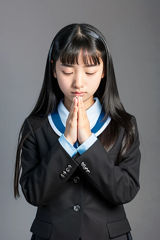 A 16-year-old high school girl with long black hair wearing a school uniform and praying with her hands folded in front of her.