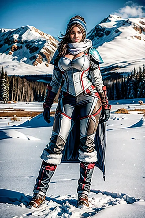 female adventurer, photogenic pose, snowy field, full body shot, giga-busty --ar 2:3