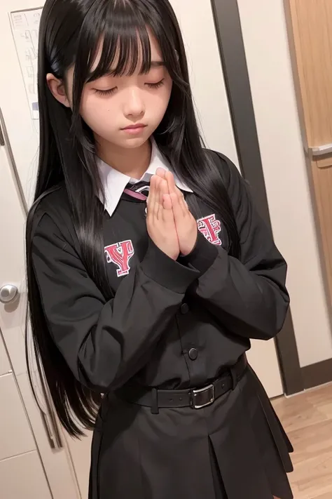 A 16-year-old high school girl with long black hair wearing a school uniform and praying with her hands folded in front of her.