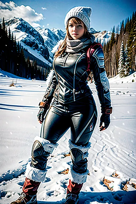 female adventurer, photogenic pose, snowy field, full body shot, giga-busty --ar 2:3