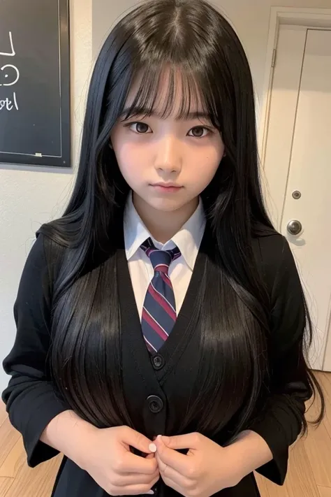 A 16-year-old high school girl with long black hair wearing a school uniform and praying with her hands folded in front of her.