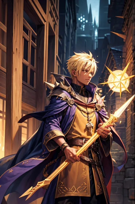 Male, Blonde spikey hair, dark brown skin, wearing a wizard robe, wielding a wooden mage staff A wizard tower in the background