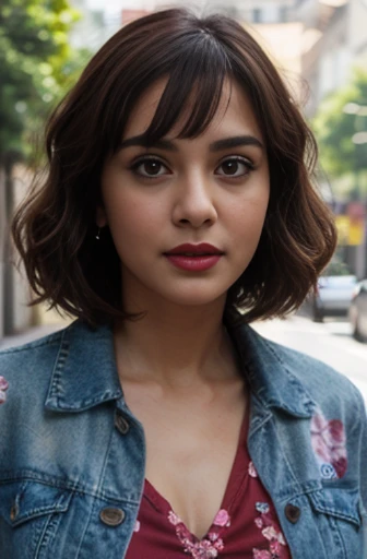 beautiful gorgeous glorious slim bollywood actress, wearing black floral shirt and denim jacket, high hill boot, pretty face, beautiful glorious face, very fine face details, bright eyes, red lips,burgundy hair, bob cut curls, 4K details, ultra high resolu...