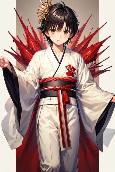 High quality,Black-haired boy, Wear white kimono, White Kimono his at In full of blood. 7-year-old boy, Yogiri Takatou,Yogiri is a teenager with a height of 170cm[2], with spiky beige hair, beige eyes,