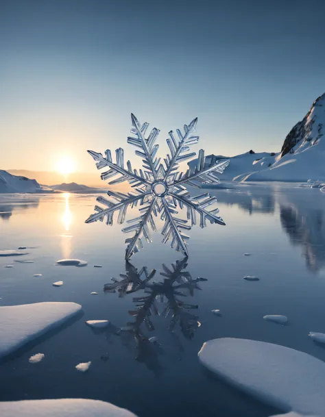 Arcos major style, StunningNaturalViews, Realistic look of giant snowflakes sitting on a frozen lake, Inspired by Arthur Burdett Frost, stunning screensaver, yulia nevskaya, Winter sun, hight decorated, floating under the lake, South Pole,