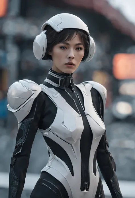 a woman in some sort of a futuristic outfit standing up on an intersection, in the style of vray, kawacy, neo plasticism, gray and black, intense close-ups, pieter nason, neo-op --ar 33:50