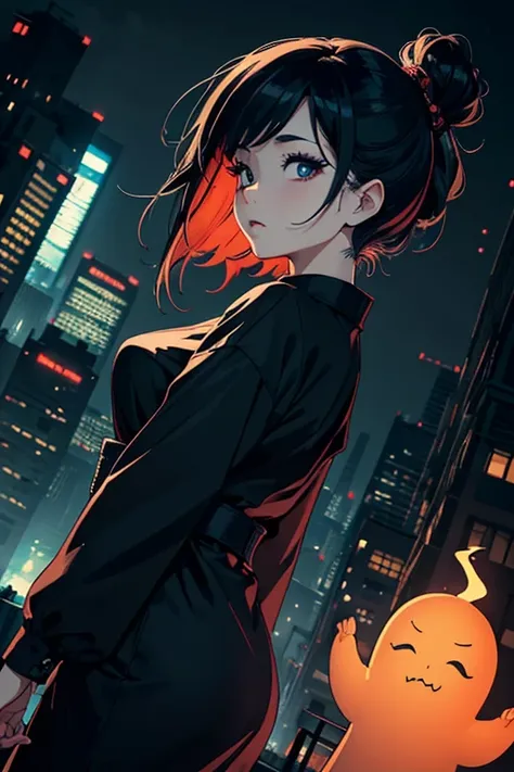 masterpiece, high resolution, ((Draft cartoon style)), ((wallpaper)), ((Diverse angles)), Outline warm color, (drawing style), eerie, Woman with Japanese ghost, horror factor, Distinctive hair style, Creative accessories, Background is city, extra
, 8k