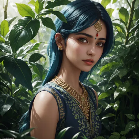 fashion photography portrait of indian girl with blue hair, in lush jungle with flowers, 3d render, cgi, symetrical, octane render, 35mm, bokeh, (intricate details:1.12), hdr, (intricate details, hyperdetailed:1.15), (natural skin texture, hyperrealism, so...