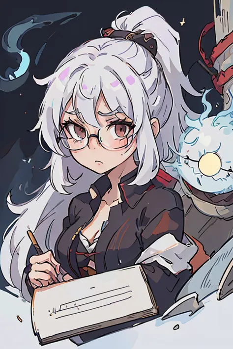 Create an image, anime style, of an old female wizard, Master Elvira, over a hundred years old, with white hair and wearing glasses.