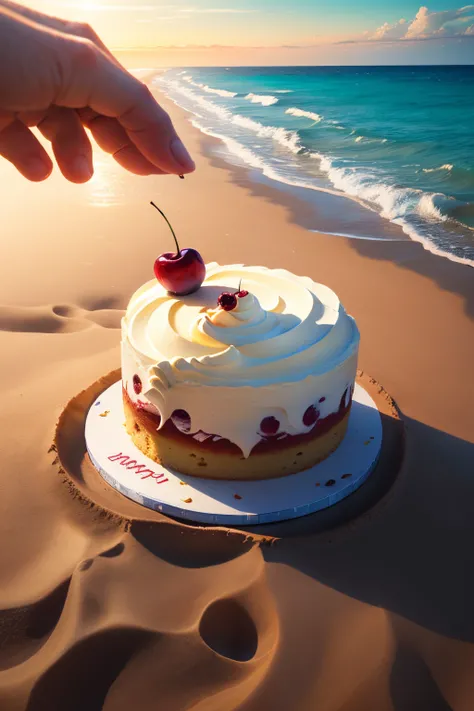 creates an image of a beach landscape with a cake cherry floating in the center of the beach glowing in a cinematic texture