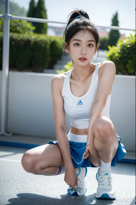 1 female badminton player,slim,thin,small head,small face,small breasts, White shirt,blue skirt,White socks,white sneakers,short ponytail,(vibrancy:1.3),badminton racket in hand,Exercising posture，(stadio:1.5),cleavage,RAW photography, top-quality, A high ...