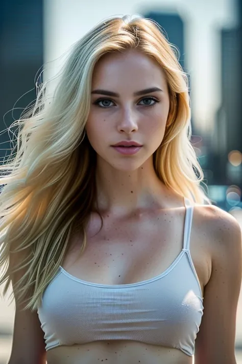 gorgeous woman with extra long wavy blonde hair, detailed alluring eyes, long sexy legs, wearing tiny shorts, t-shirt, ((detailed facial features)), (finely detailed skin), pale skin, realistic skin texture, extreme skin details, (pores:0.1), in the backgr...