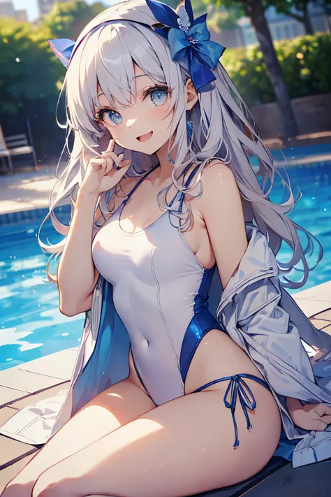 ((2D beautiful girl、top-quality、Perfect Finger 1.3、Perfect Anatomy 1.3、extremely delicate and beautiful illustration))、(Blur the background：1.2、cute petit girl、(transform sequence)、((White and blue swimsuit))、14years、a junior high school student、Slender be...