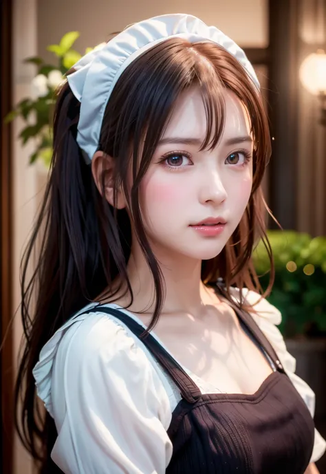 8K, of the highest quality, masutepiece:1.2), (Realistic, Photorealsitic:1.37), of the highest quality, masutepiece, Beautiful young woman, Pensive expression,、A charming、and an inviting look, Cute Maid Clothes, Hair tied back, Cinematic background, Light ...