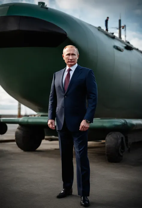 A photo of Putin inspecting a new state-of-the-art submarine,original,Vladimir Putin, the Russian President, presents a carefully crafted image: he is typically seen with a short, neat haircut and a lean, athletic physique, often dressed in suits that proj...