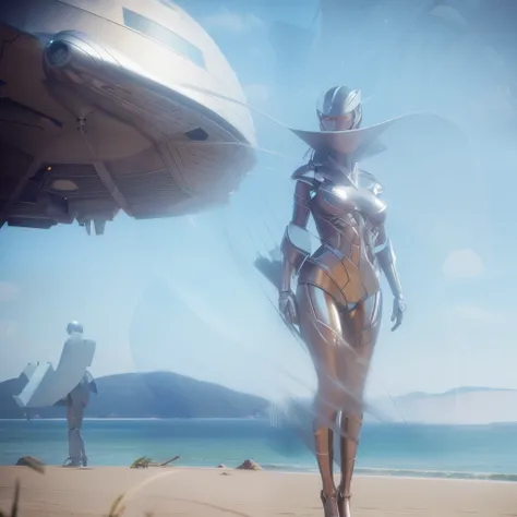 Best quality, delicate face, 25-year-old girl, slim body, body made of metal, small bust, metal structural skeleton, seaside, standing posture, beach, huge spaceship floating in the air, cyberpunk, sci-fi