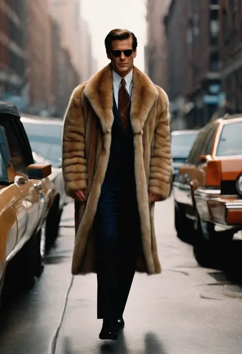 A close-up photo of a vintage fur coat hanging on a hook,American Psycho (2000 film),Patrick Bateman, the protagonist of “American Psycho,” is depicted as a quintessential 1980s Wall Street yuppie with a polished appearance: slicked-back hair, a chiseled, ...