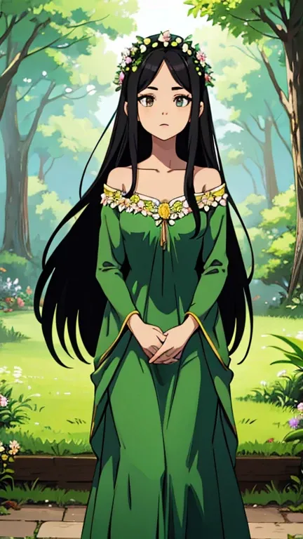 One girl forest fairy with black hair, hair lenght until bust, straight hair, hair parted in center of head, round face. hairstyle with a center part, that the hair should be parted down the middle, creating a symmetrical look without any frontal hair cove...