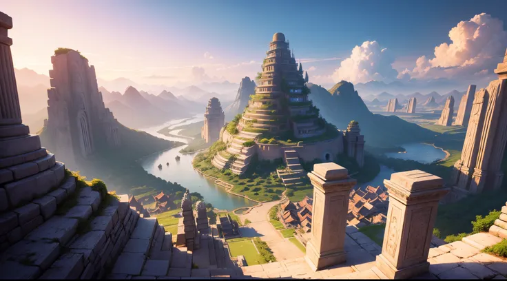 masterpiece, perfect lighting, perfect quality, animated, digital art, Giant ancient Asian city, alive, utopia , oasis, sunset, wide angle, ultra detailed, landscape, blue sky, minimal clouds