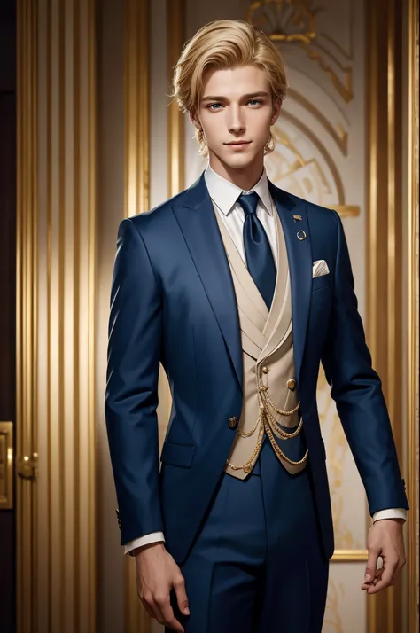 8K,A gentleman man wearing a suit and tie is standing in a building, portrait of magical blond prince, beautiful androgynous prince, wearing fantasy formal clothing, handsome and elegant, delicate androgynous prince, epic and classy portrait, Handsome stun...